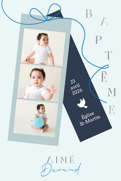 Faire-part de baptême avec trois photos et texte argenté