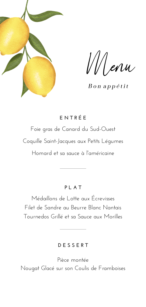 Carte de menu avec coins arrondis et dessins de citrons