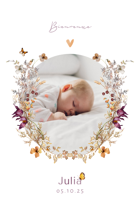 Faire-part de naissance avec couronne de fleurs et papillons