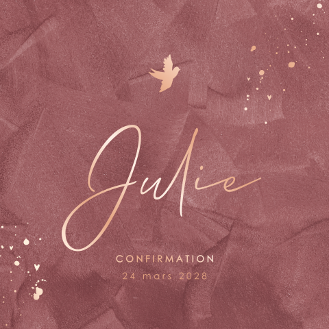 Faire-part de confirmation avec dorure rosée sur fond velours bordeaux