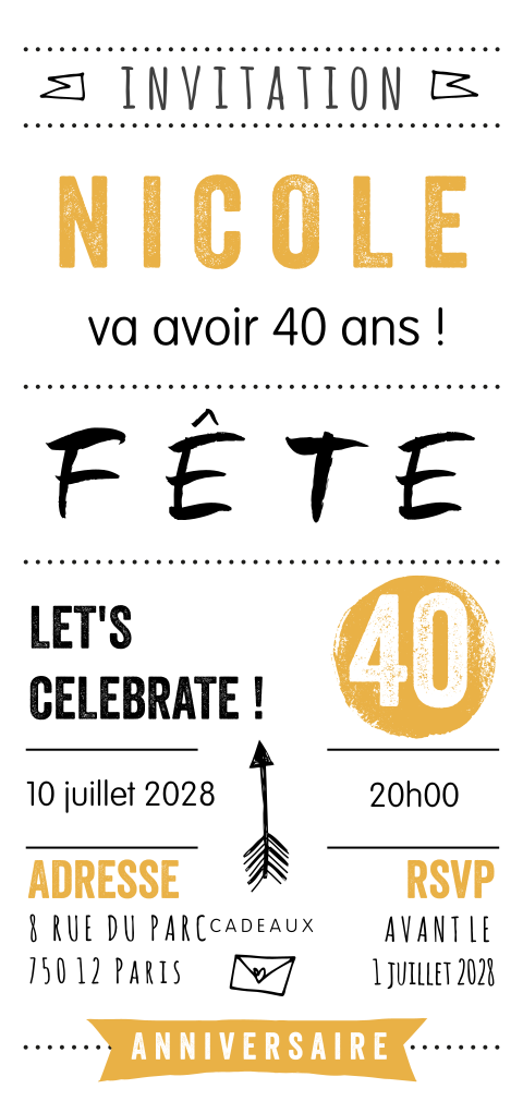 Carte d'invitation pour le 40e anniversaire avec des accents jaunes