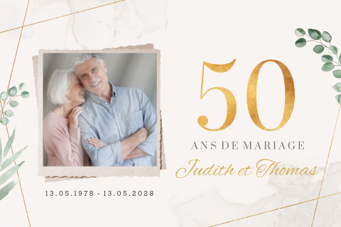 Invitation aux noces d'or avec photo et feuilles d'eucalyptus