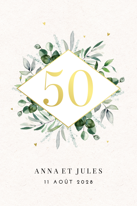 Invitation anniversaire mariage avec branches vertes et coeurs dorés