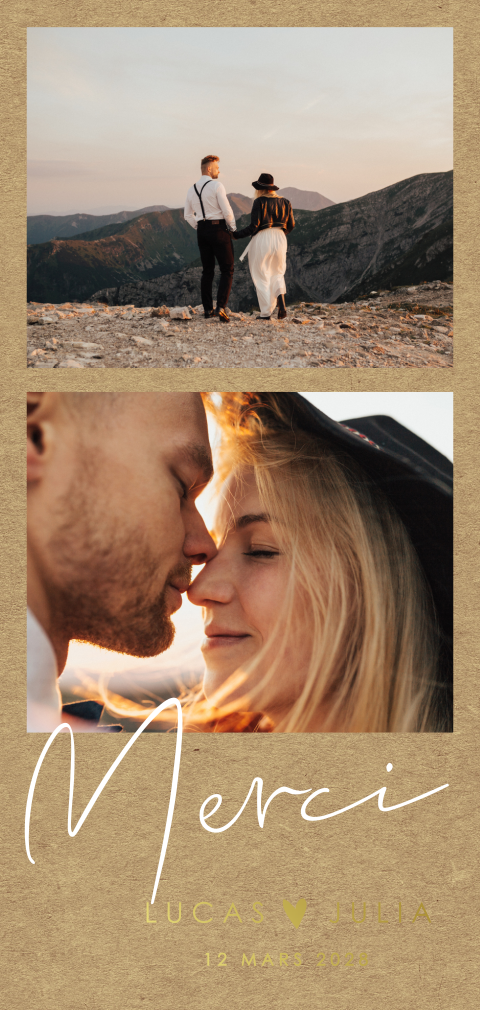 Carte de remerciement avec dorure et photo, avec un aspect kraft