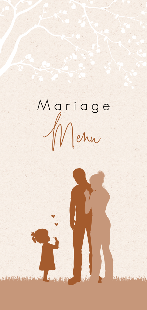 Menu avec un ton terracotta et une douce illustration familiale
