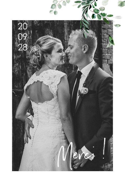 Carte de remerciement avec photo et branches d'eucalyptus