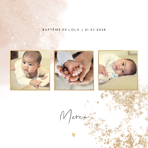 Carte de remerciements baptême avec aquarelle en rose et photos