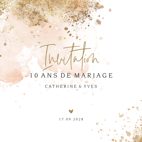 Invitation anniversaire mariage avec aquarelle rose et poussière dorés