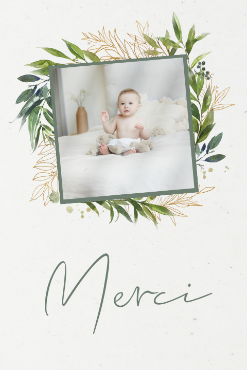 Carte de remerciements baptême avec rameaux d'olivier