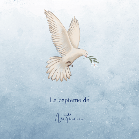 Faire-part de baptême classique avec colombe sur fond d'aquarelle bleu