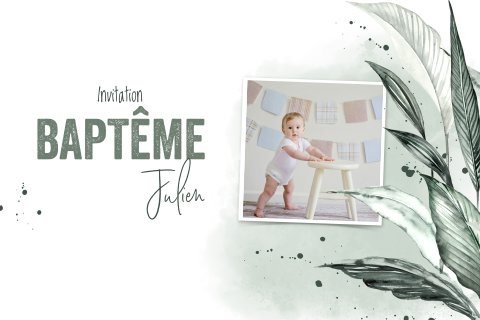 Faire-part de baptême avec doux feuillages et photo