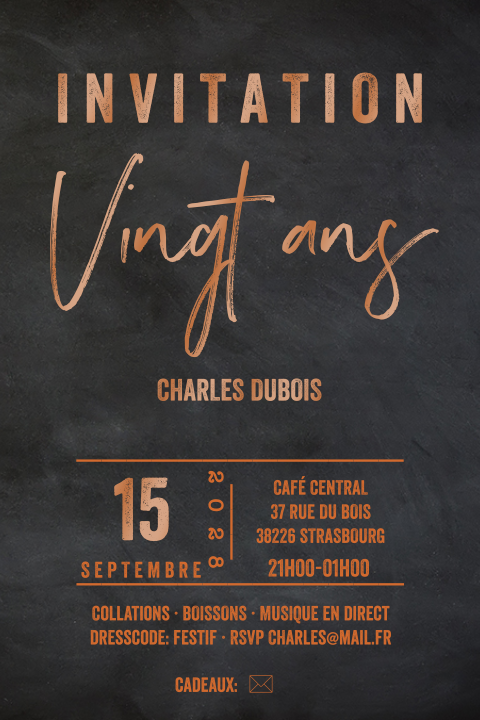 Carte d'invitation avec texte en vernis sur fond de tableau noir