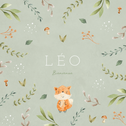 Faire-part de naissance avec renard dans thème de la forêt