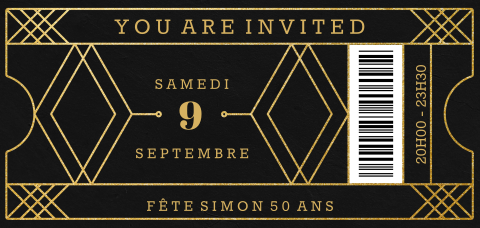 Carte d'invitation chique en forme de ticket noir et or