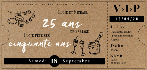 Carte d'invitation à une double fête sous forme de billet VIP
