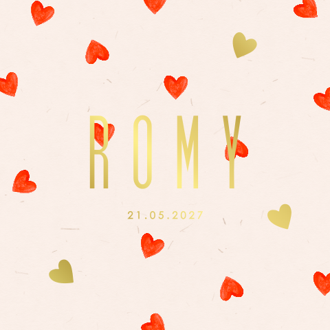 Faire-part de naissance avec gros cœurs en rouge et or