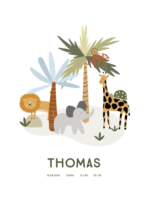 Affiche pour la chambre de bébé avec des animaux de la jungle