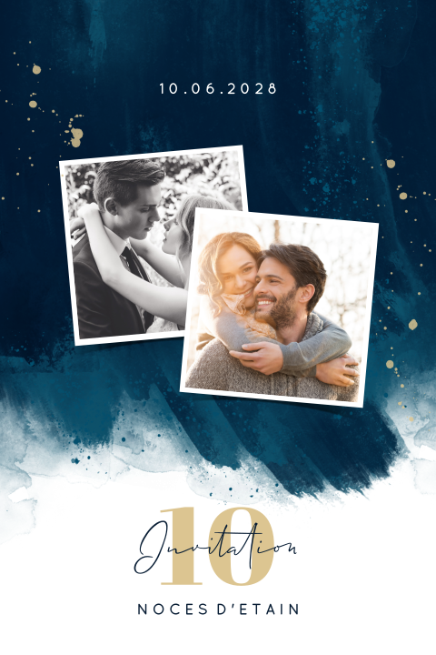 Invitation noces d'etain avec  photos et aquarelle bleu nuit