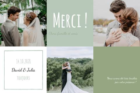 Magnet remerciement mariage moderne avec trois photos et détails verts