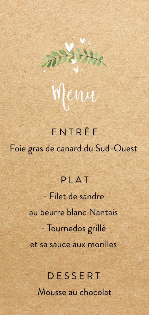 Menu avec fine branche, coeurs blancs et fond aspect kraft