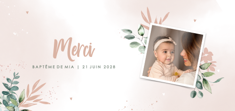 Carte de remerciement de baptême avec feuillages en aquarelle