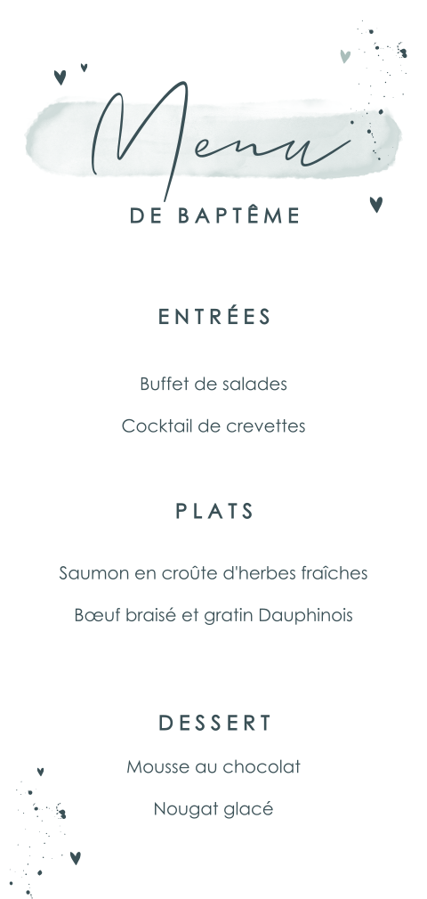Carte de menu pour le baptême avec des cœurs et de l'aquarelle