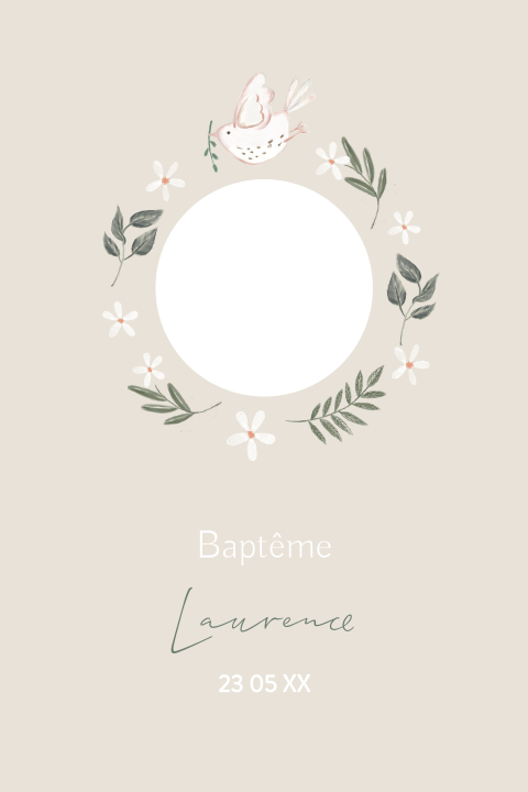 Faire-part de baptême doux avec photo, couronne de feuilles et colombe
