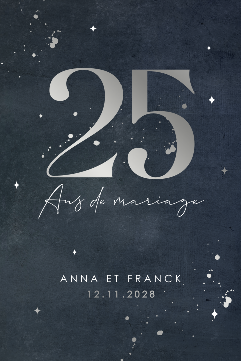 Invitation moderne noces d'argent avec fond bleu foncé