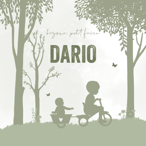 Faire-part de naissance vert avec silhouettes et paysage de forêt