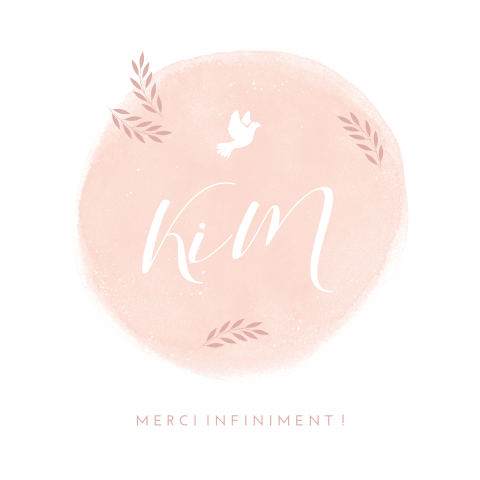 Carte de remerciement de baptême, rond rose, feuilles et oiseau