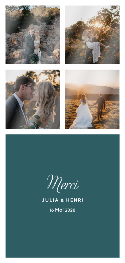 Carte de remerciement avec fond gris-bleu et des photos