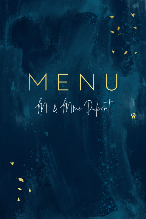 Menu avec des traits de pinceau bleus et des dorures