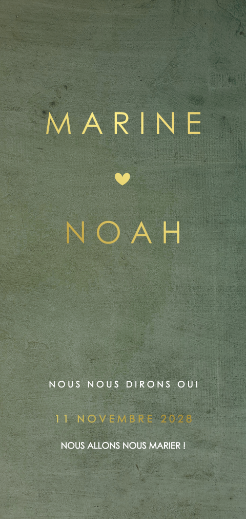 Faire-part de mariage avec noms en dorure sur un fond vert