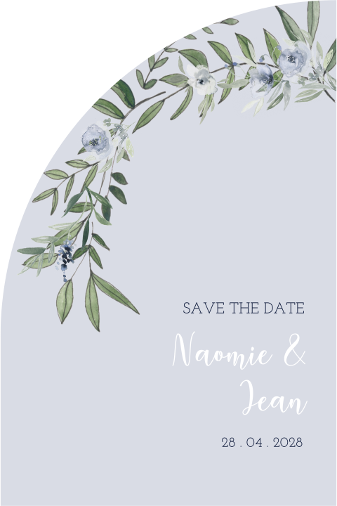 Carte Save the Date avec forme originale, feuilles et fleurs bleues
