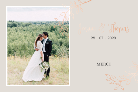 Carte de remerciement tendance avec photo et feuilles en or rosé