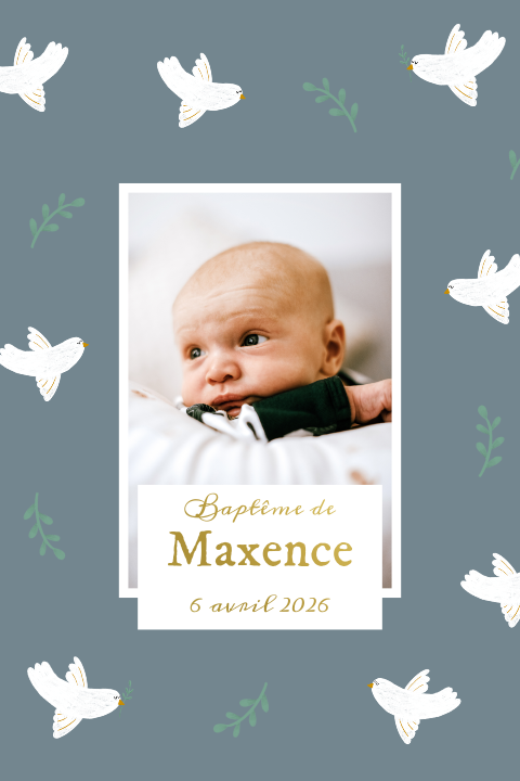 Faire-part de baptême avec colombes sur fond gris bleu et photo