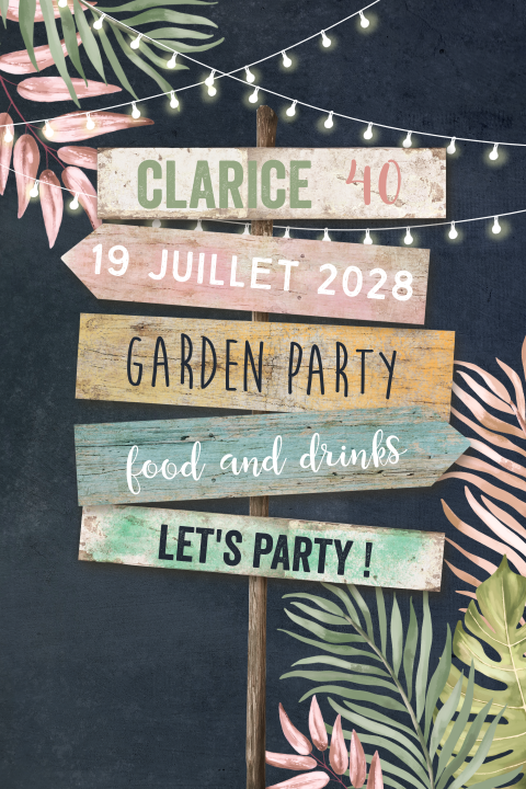 Carte d'invitation tendance avec panneau indicateur et feuillages