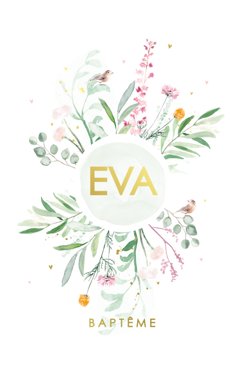 Faire-part de baptême avec fleurs, feuillage et coeurs