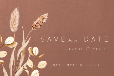 Save the date avec un fond terracotta et de fleurs des champs