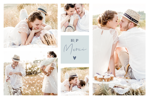 Carte de remerciement romantique avec une grande photo de mariage.