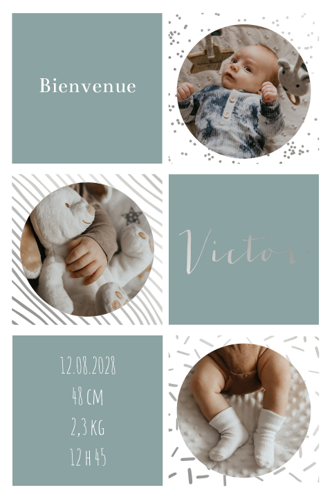 Faire-part de naissance avec photos rondes et éléments en argent