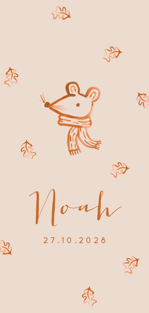 Faire-part de naissance automnal avec souris et feuilles oranges