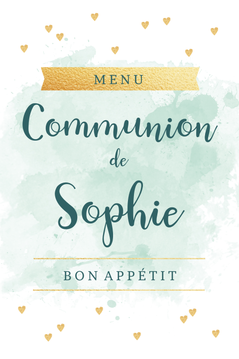 Menu avec aquarelle verte et envolée de coeurs