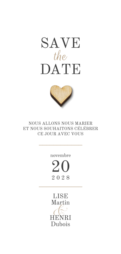 Save the date avec typographie classique et cœur en bois (optionnel)