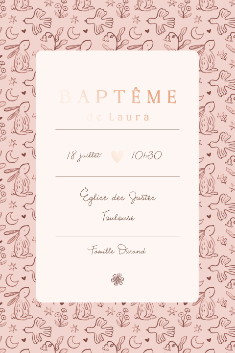 Faire-part de baptême avec des oiseaux et lapins sur fond rose