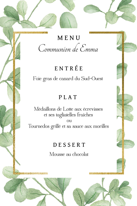 Menu communion avec feuilles vertes et cadre