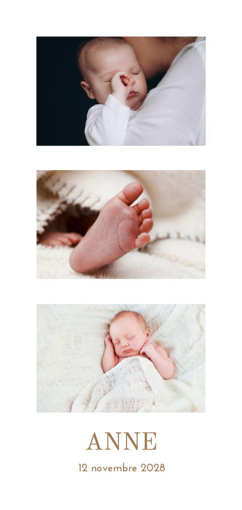 Faire-part de naissance minimaliste avec photos et détails beiges