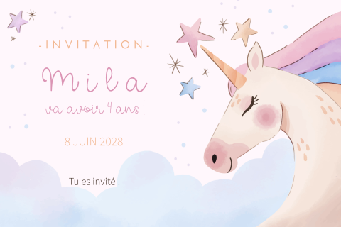 Carte d'invitation avec une licorne et des étoiles sur fond rose pâle
