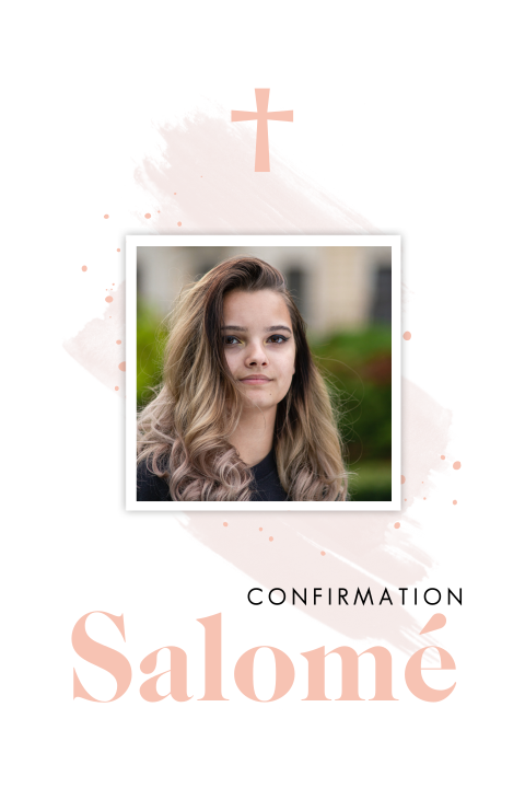 Faire-part de confirmation avec croix, photo et aquarelle pêche