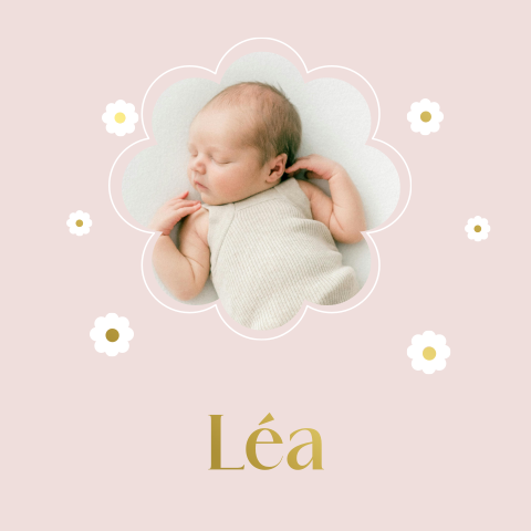 Faire-part de naissance rose avec cadre, fleurs et dorures